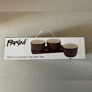 Parini 3 Bowl Condiment Set Brown & Cream Ceramic With Matching Tray NIB Mint